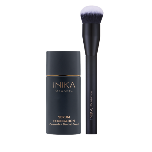 INIKA ORGANIC Serum Foundation + Foundation Brush - zestaw pędzel do płynnych produktów i nawilżające wegańskie serum i podkład w jednym